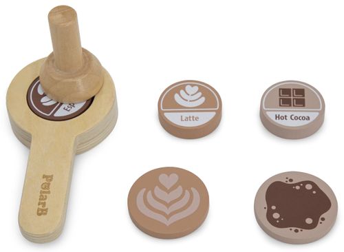 מכונת קפה מעץ מלא עם ספל, צלחת, פילטר וקפסולות