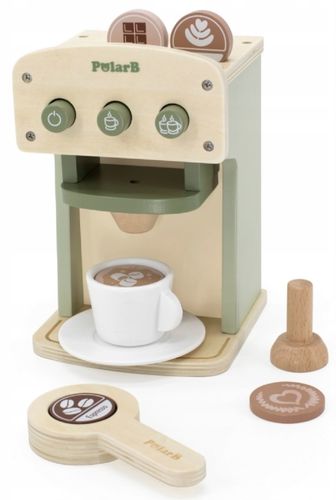 מכונת קפה מעץ מלא עם ספל, צלחת, פילטר וקפסולות