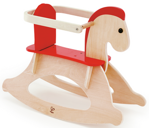 סוס נדנדה מעץ מלא עם משענת מרופדת ומעקה בטיחות ניתנים להסרה