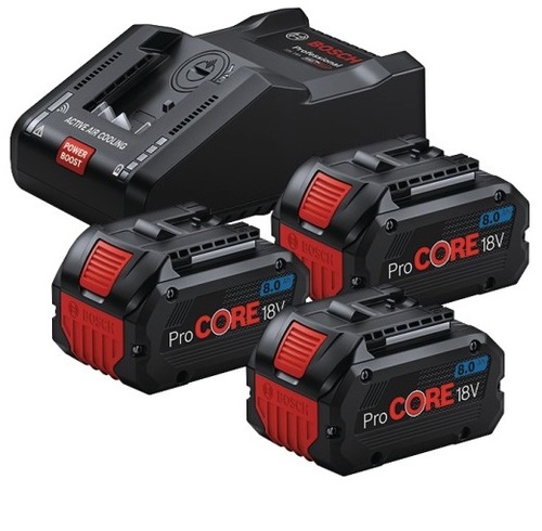 סט 3 סוללות 8A PRO CORE ומטען מהיר מבית BOSCH