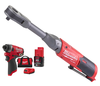 רצ'ט נטען צוואר ארוך D3/8 + אימפקט 12V כולל 2 סוללות 2AH מבית Milwaukee