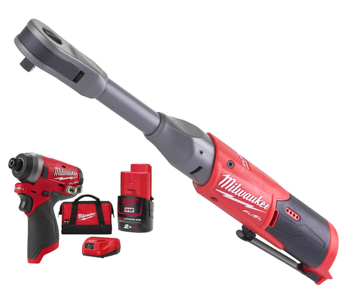 רצ'ט נטען צוואר ארוך D3/8 + אימפקט 12V כולל 2 סוללות 2AH מבית Milwaukee
