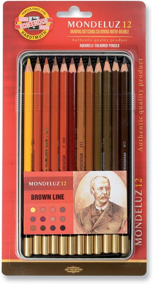 סט 12 עפרונות אקוורל צבעוניים מבית KOH-I-NOOR, סדרה MONDELUZ דגם BROWN LINE (קופסת מתכת)
