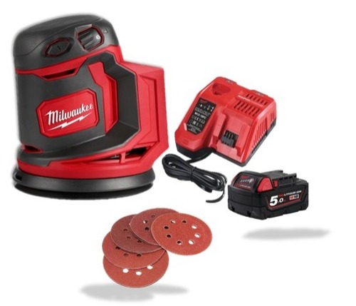 סט מלטשת אקצנטרית נטענת 18V 2648-20 milwaukee + סוללה 5 AH + מטען מהיר + מארז ניירות לטש  - יבואן רשמי !