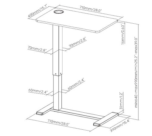 שולחן צד מתכוונן גלגלים נסתרים Lumi FMT02-2
