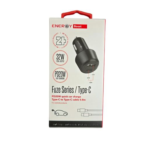 ראש מטען כפול לרכב עם כבל Energy Fuze 32W TYPE C-TYPE C
