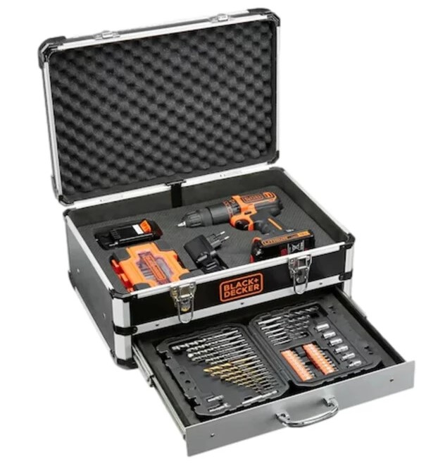 מארז מקדחת פטיש 18V עם 2 סוללות ו-80 אביזרים Black+Decker BDC718AS2F-QW