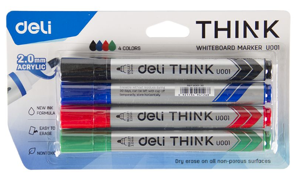 סט 4 טושים איכותיים ללוחות מחיקים 2.00 מ"מ DELI THINK
