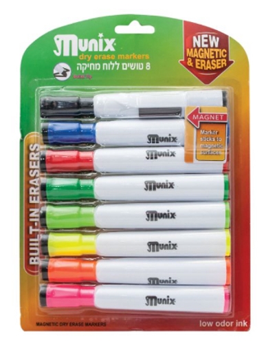  סט 8 טושים ללוח מחיק + מגנט MUNIX