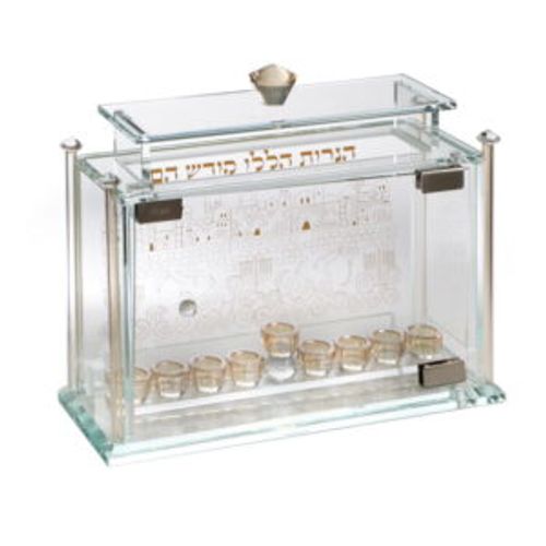 Amber/Gold Crystal Aquarium Chanukah Menorah “Jerusalem”