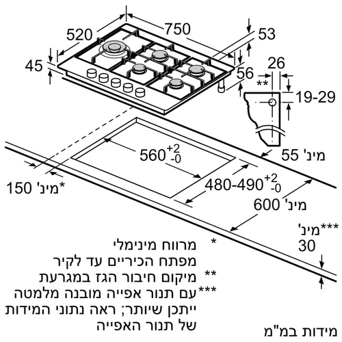 כיריים גז של בוש תוצרת ספרד 75 סמ בצבע נירוסטה PCS7A5B95Y יבואן רשמי