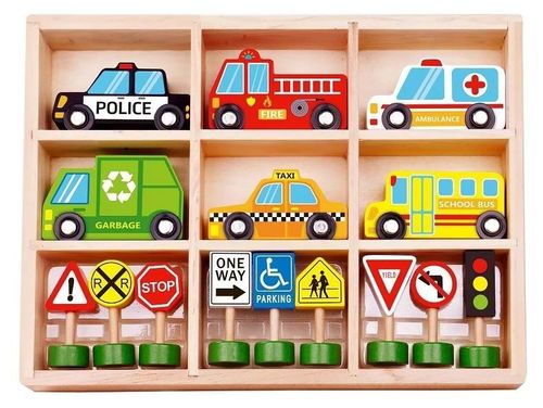 סט מכוניות ותמרורים ססגוני מעץ