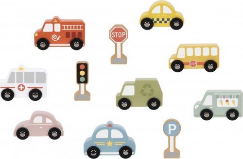 סט מכוניות ותמרורים בצבעי פסטל מעץ 
