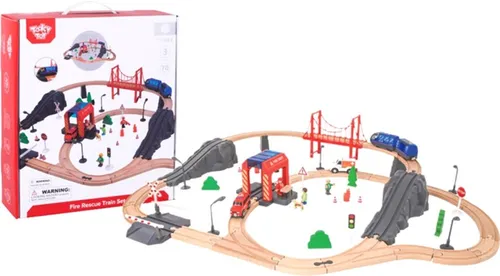 סט רכבת ענק מעץ עם עמדת כיבוי אש 