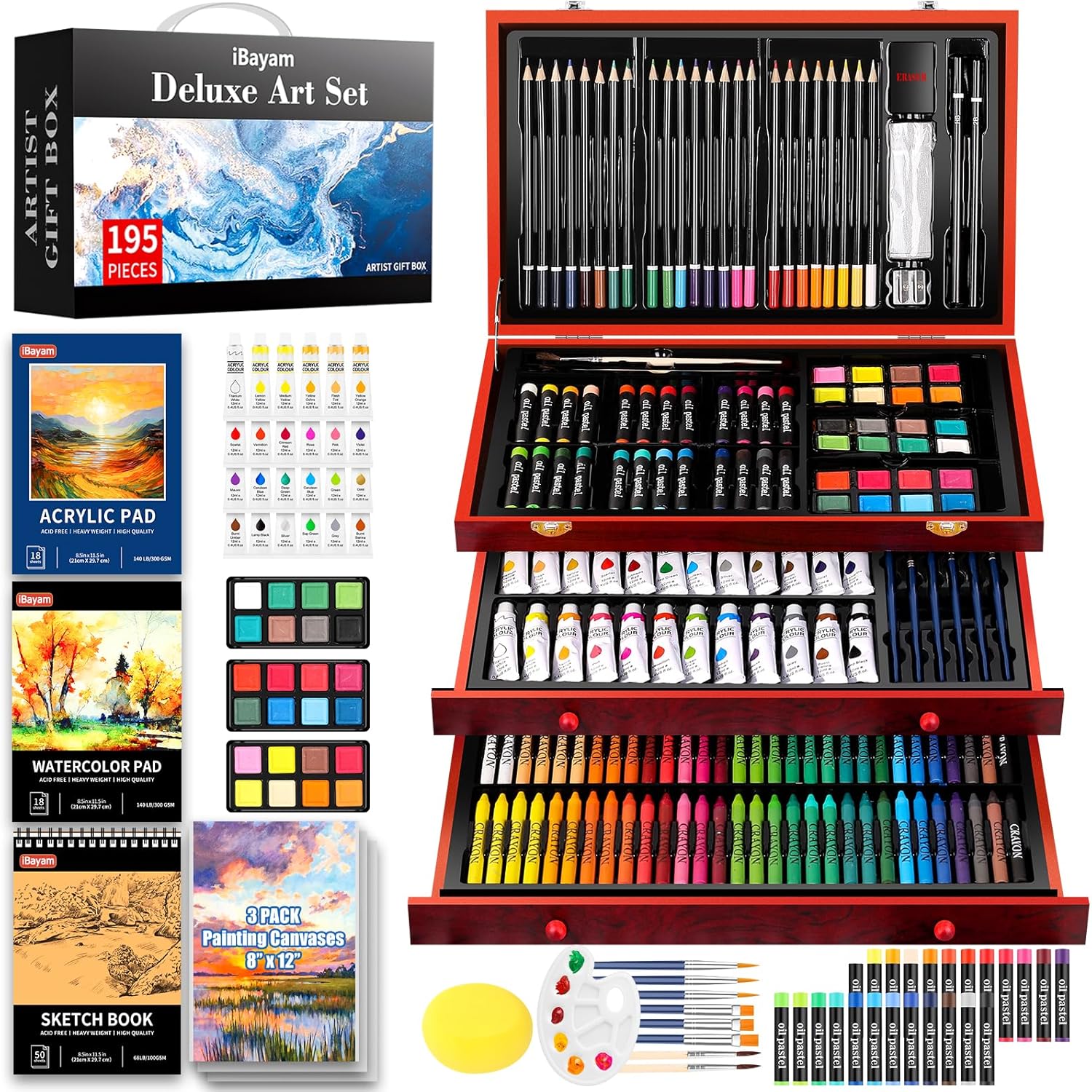  ערכת ציור מהודרת במזוודת עץ, 195 חלקים iBayan Deluxe Art Set