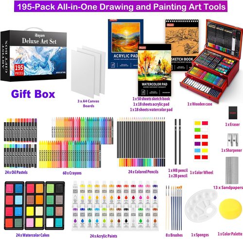  ערכת ציור מהודרת במזוודת עץ, 195 חלקים iBayan Deluxe Art Set