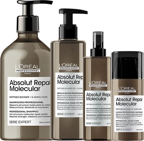 Absolut Repair Molecular אבסולוט ריפייר מולקולר מבית לוריאל LOREAL סדרת הטיפול המקצועית לתיקון ושיקום המבנה המולקולרי של השערה. 
