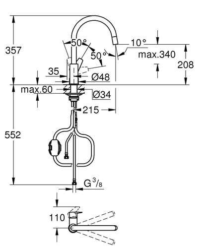 שירטוט ברז מטבח גרואה 30536000 BAU EDGE כרום GROHE