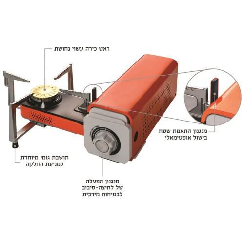 כירת גז מתקפלת Amgazit 21031 במזוודת נשיאה קשיחה עם מנגנון בטיחות ייחודי והתאמת שטח בישול