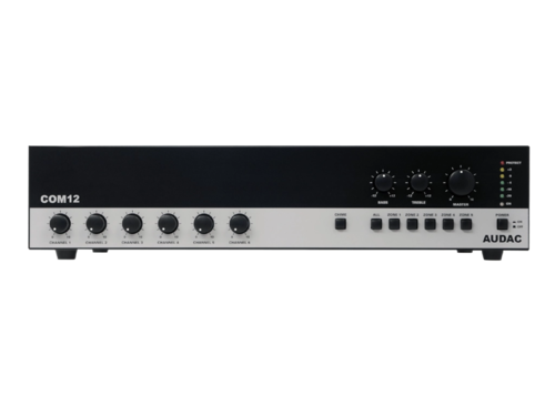 מגבר כריזה כולל 6 כניסות מיק ו2 סטריאו  120W 100V גרסת  AUDAC COM12MK2