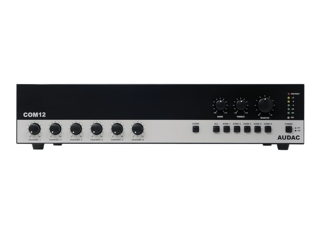 מגבר כריזה כולל 6 כניסות מיק ו2 סטריאו  120W 100V גרסת  AUDAC COM12MK2
