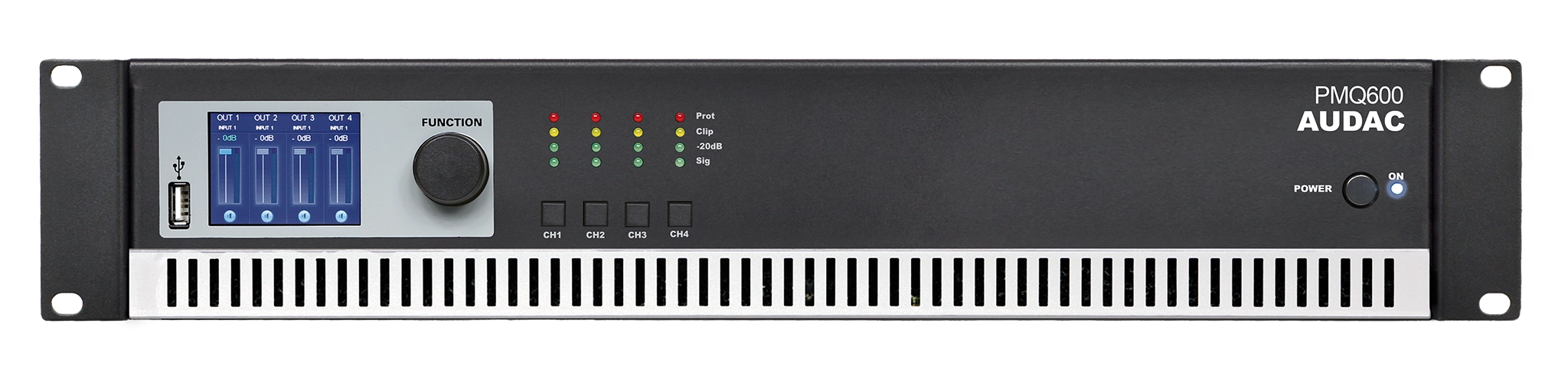 מגבר DSP ארבע ערוצים  שנאי קו WaveDynamics™ בן 4 ערוצים 70/100V AUDAC PMQ600 4 x 600W