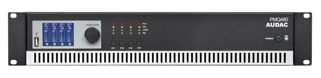 מגבר DSP ארבע ערוצים  שנאי קו WaveDynamics™ בן 4 ערוצים 70/100V AUDAC PMQ480 4 x480W