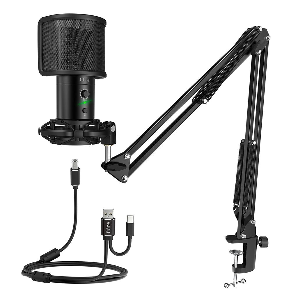 Fifine T683 - ערכת מיקרופון USB עם כפתור השתקה, חוגת עוצמה ויציאת ניטור עבור מחשבים/Mac/מוביילים