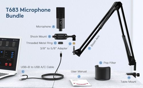 Fifine T683 - ערכת מיקרופון USB עם כפתור השתקה, חוגת עוצמה ויציאת ניטור עבור מחשבים/Mac/מוביילים