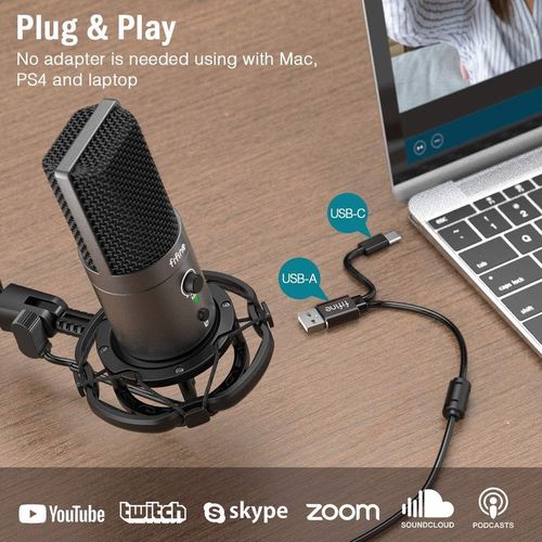 Fifine T683 - ערכת מיקרופון USB עם כפתור השתקה, חוגת עוצמה ויציאת ניטור עבור מחשבים/Mac/מוביילים
