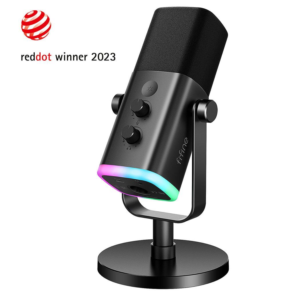 Fifine ifiAmpliGame AM8 - מיקרופון דינמי USB/XLR עם RGB, לחצן השתקה במגע, שליטת I/O ומעקב בזמן אמת לשידור חי