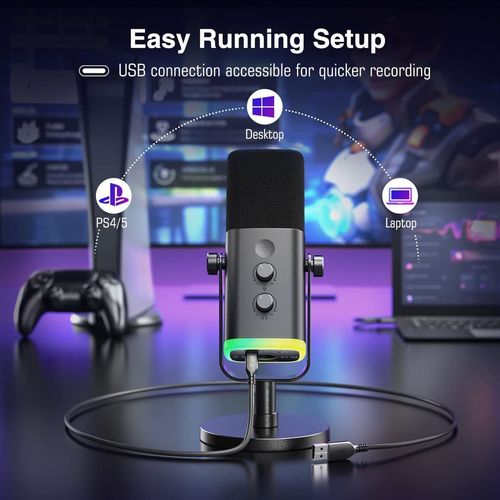 Fifine ifiAmpliGame AM8 - מיקרופון דינמי USB/XLR עם RGB, לחצן השתקה במגע, שליטת I/O ומעקב בזמן אמת לשידור חי