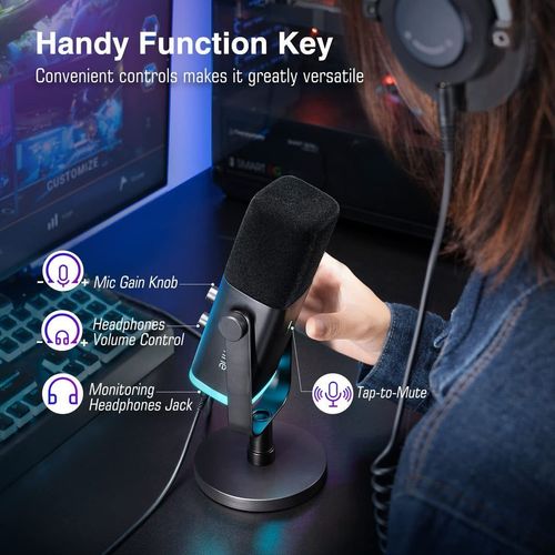 Fifine ifiAmpliGame AM8 - מיקרופון דינמי USB/XLR עם RGB, לחצן השתקה במגע, שליטת I/O ומעקב בזמן אמת לשידור חי