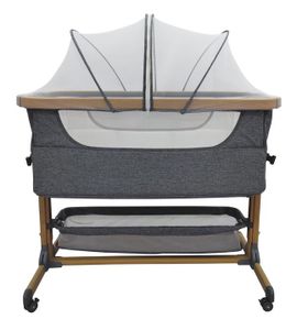 עריסת תינוק מתקפלת עם 5 מצבי גובה, דופן נפתחת ומזרן מנדף זיעה - שביט אפור/דמוי עץ