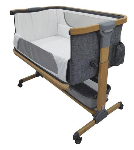 עריסת תינוק מתקפלת עם 5 מצבי גובה, דופן נפתחת ומזרן מנדף זיעה - שביט אפור/דמוי עץ