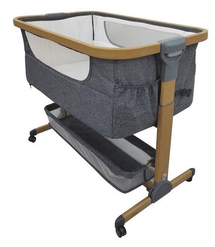 עריסת תינוק מתקפלת עם 5 מצבי גובה, דופן נפתחת ומזרן מנדף זיעה - שביט אפור/דמוי עץ