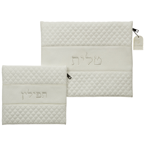 סט טלית תפילין דמוי עור עם רקמה לבן