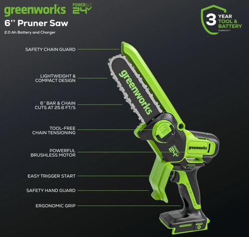 מסור שרשרת מיני GREENWORKS 24V Brushless דגם 99543-1 עם להב 10 ס