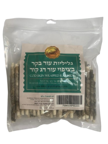 בסט צ'ויס גליליות עור בקר בציפוי עור דג 500 גר' לכלבים