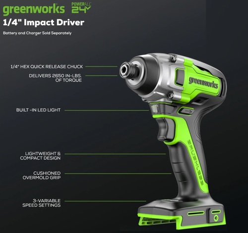 מברגת אימפקט GREENWORKS 24V Brushless דגם 99574.5 עם מומנט 300Nm ו-3 מצבי עוצמה