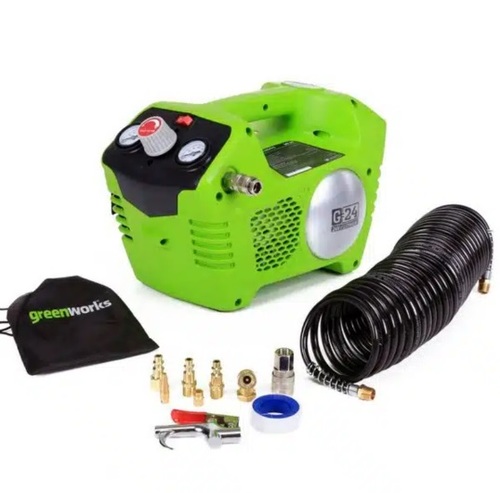 מדחס אוויר נטען GREENWORKS 24V דגם 99578 עם מיכל 2 ליטר וערכת אביזרים מלאה