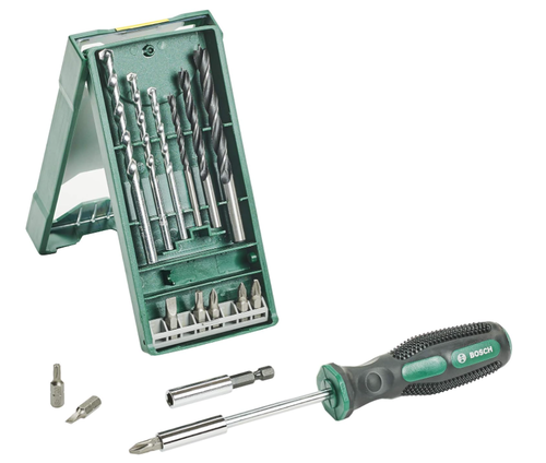 סט BOSCH X-LINE Mini עם 15 חלקים כולל מקדחים, ביטים ומברג מתנה בקופסה מעשית