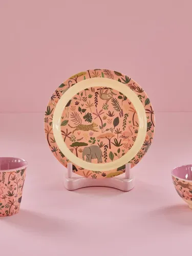 צלחת מלמין שוליים לילדים - חיות ג'ונגל ורוד