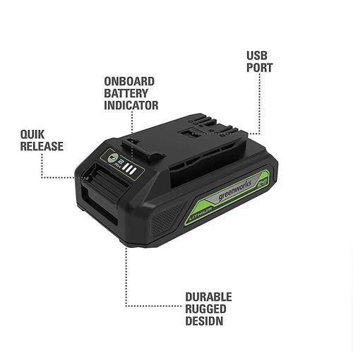 סוללת ליתיום GREENWORKS 24V 2.0Ah דגם 99588 עם יציאת USB ומחוון טעינה דיגיטלי