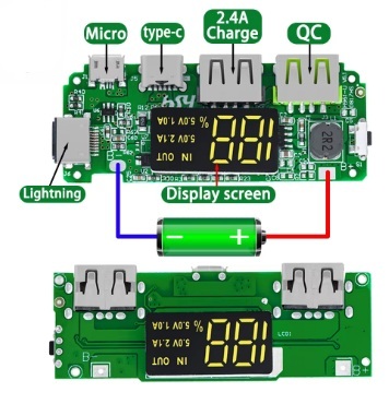 מודול כרטיס טעינה USB לסוללה 18650 2.4A+תצוגה דיגי' ומעגל הגנה
