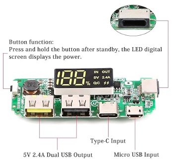 מודול כרטיס טעינה USB לסוללה 18650 2.4A+תצוגה דיגי' ומעגל הגנה