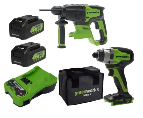 הצמד המנצח 24V + שתי סוללות 5 אמפר דור 2 + מטען מהיר GREENWORKS 99751-9-9