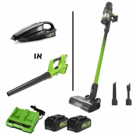 דיל VAC PRO 24V + שתי סוללות 4 אמפר + מטען כפול ומפוח/שואב במתנה GREENWORKS 99780-3