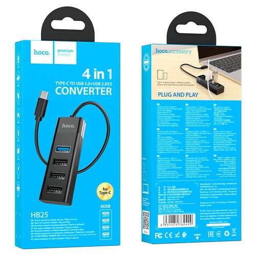 מפצל   Hoco HB25 Type-c to USB3+USB2 X3 USB 4 in 1
