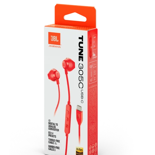 אוזניות JBL TUNE 305C - TYPE C בצבע אדום 
